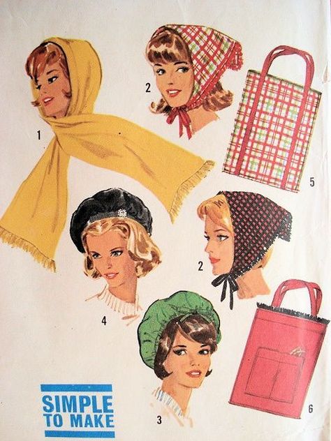 Millinery Diy, 1960s Accessories, Hood Scarf, Pin Up Vintage, 60s And 70s Fashion, Head Pieces, Paper Sewing Patterns, Hooded Scarf, Old Fashion