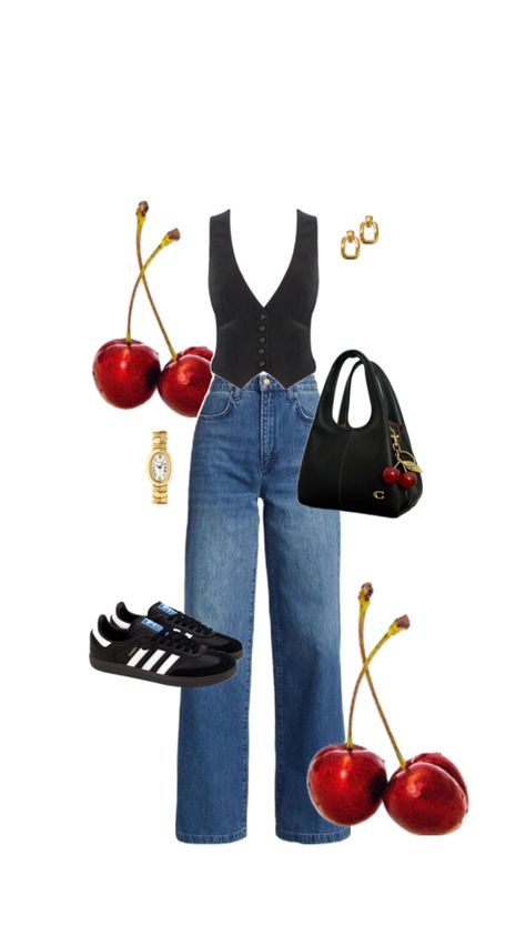 outfit inspo - high waisted straight leg blue jeans, black cropped waistcoat, black samba trainers with white stripes, gold earrings, gold watch, black bag with cherry detail and cherries in the background for the aesthetic Crop Waistcoat Outfit, Cherry Earrings Outfit, Waistcoat Aesthetic, Adele Outfits, Outfit Collage Aesthetic, Cherry Jeans, Waistcoat Outfit Women, Sambas Black, Capsule Wardrobe Black