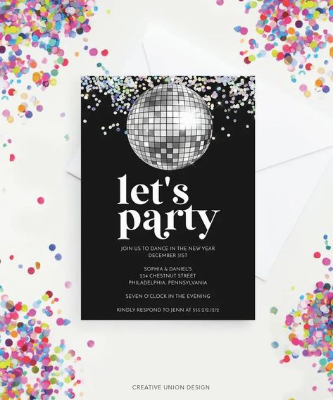 Invite all your friends and family to dance in the new year! No special software required! Easy to edit and print! New Year's Eve 2024 party ideas. Black invitation with silver disco ball. Disco Party Zazzle, New Year Invitation Card, Disco Dance Party, Dance Party Invitations, Disco Vibes, Retro Disco, Fun Invitations, New Year's Eve Party, Disco Dance