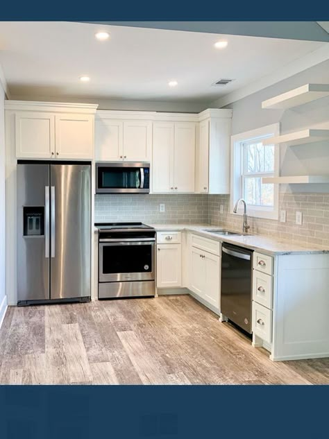 Wide Cabinets Kitchen, Inlaw Suite Basement Small Kitchens, Kitchen With Minimal Cabinets, L Shaped Apartment Kitchen, L Layout Kitchen, Kitchenette Ideas L Shaped, Dishwasher In Peninsula, Small Loft Kitchen Design, Kitchen Remodel Ideas Small Space