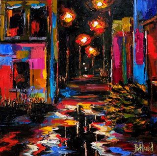 Daily Painters Abstract Gallery: Cityscape, Landscape ,Street Scene Painting "Deserted by Texas Artist Debra Hurd Impasto Paintings, Creative Art Ideas, Art Unit, Contemporary Landscape Artists, Rainy Street, Cityscape Landscape, Landscape Street, Cityscape Paintings, City Pics