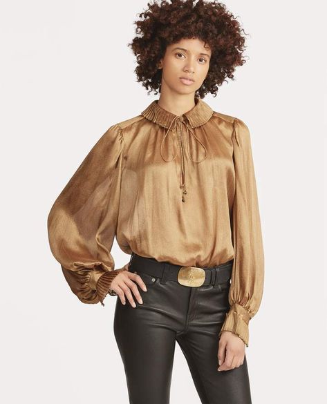 Metallic Crinkle Blouse #hit#hip#size Gold Shirt Outfit Blouses, Gold Shirt Outfit, Labyrinth Costume, Palette Autumn, Puffed Long Sleeves, Metallic Blouses, Gold Shirt, Gold Blouse, Elegant Beauty