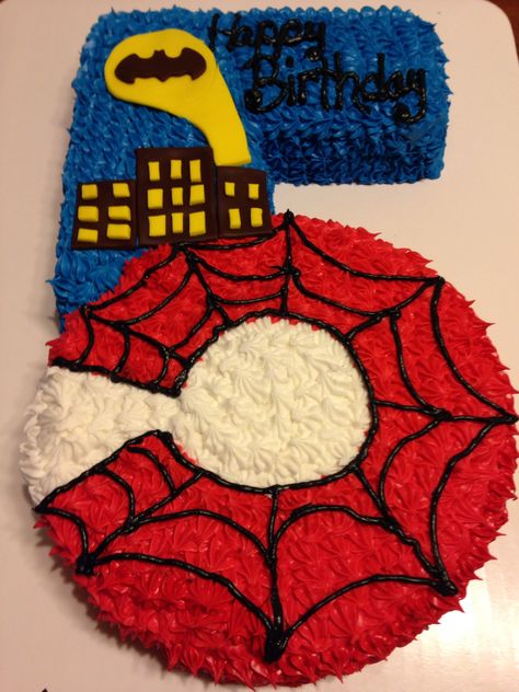 Number 5 Shaped Cake in Batman/Spider-Man Theme Birthday Cake Boy, Spider Man Theme, Spiderman Birthday Invitations, Spiderman Cake Topper, Spiderman Birthday Cake, Cake Boy, Superhero Birthday Cake, 5th Birthday Cake, Cake Birthday Cake