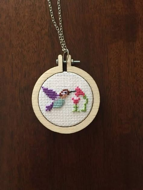 Stitch Necklace, Cross Stitch Necklace, Stitch Jewelry, Miniature Embroidery, Tiny Cross Stitch, Small Cross Stitch, Pola Sulam, Cross Stitch Bird, Mini Cross Stitch