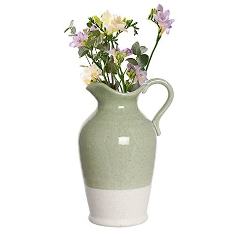 Soft Summer Green, Jug Design, Two Tone Table, White Flower Vase, Flower Vase Ceramic, Flower Vase Design, Earthenware Ceramics, Ceramic Flower Vase, Mothers Day Decor