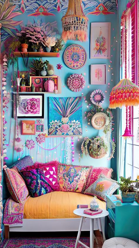 Bohemian Rhapsody of Opulence Unveiled: Elevate Your Space with Luxe Boho Touches Bohemian Maximalist Decor, Bohemian Maximalist, Mexican Boho, Title Ideas, Colourful Living Room Decor, Casa Vintage, Colourful Living Room, Deco Originale, Home Styles