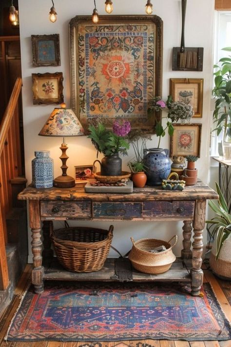 Rustic Meets Boho Decor, Entryway Ideas Cottagecore, Boho Rooms Vintage, Interior Pop Of Color, Colorful Boho Apartment Decor, Interior Wall Siding Ideas, Boho Vintage Home Decor, Eclectic World Traveler Decor, Cottage Boho Decor