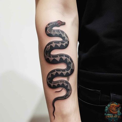 The Fascinating Meaning Behind Snake Tattoos: 67 Designs - inktat2.com Snake And Dagger Tattoo, Tricep Tattoos, Small Snake Tattoo, Japanese Snake Tattoo, Outer Forearm Tattoo, Health Tattoo, Forearm Band Tattoos, Tattoo Forearm, Men Tattoos Arm Sleeve