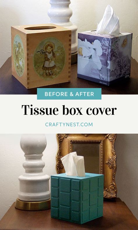 A wooden tissue box found at a thrift-store is transformed from dated decoupage to a simple, mod embssed design in a bright color. See how. Tissue Box Hacks, Box Covers Diy, Tissue Box Crafts, Kleenex Tissues, Ice Cream Stick, Tissue Box Holder, Hacks Diy, Diy Box, Tissue Box Covers