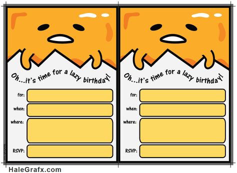 http://halegrafx.com/printables/free-printable-gudetama-movie-birthday-invitation/ Gudetama Birthday Invitation, Gudetama Papercraft, Gudetama Birthday Party, Sanrio Birthday Invitation, Gudetama Printables, Kawaii Birthday Invitation, Gudetama Birthday, Free Party Invitations, Lazy Egg