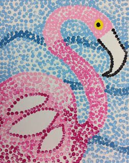 Room 101 Art: Pointillism Flamingos, ages 7-12 Poentilizam Art, Pointilism Art, Pointalism Art, Room 101, Stippling Art, Kids Art Class, Art Lessons For Kids, Flamingo Art, Art Curriculum