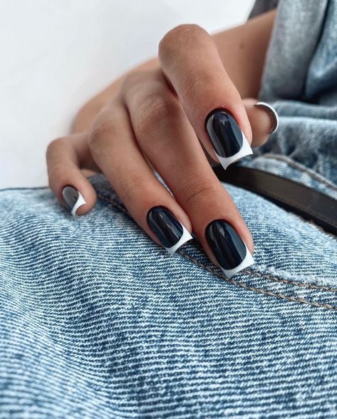 French Manicure Black And White, Black Nail White French Tip, Black With White French Tip Nails, Black Nails White French Tip, Black Nails With White French, Black Nails With White French Tip, White Nails With Black French Tip, White Nails With Black Tips, Black Nails White Tips