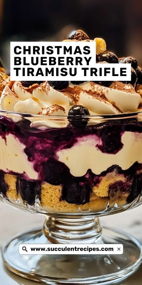 Celebrate Christmas with a delightful twist on the classic tiramisu! This Blueberry Tiramisu Trifle layers rich mascarpone cream and tender ladyfingers with vibrant blueberries for a festive and delicious treat. Blueberry Tiramisu, Blueberry Trifle Recipe, Christmas Trifle Recipes, Cinnamon Roll Desserts, Blueberry Trifle, Tiramisu Trifle, Trifle Cake, Classic Tiramisu, Christmas Trifle