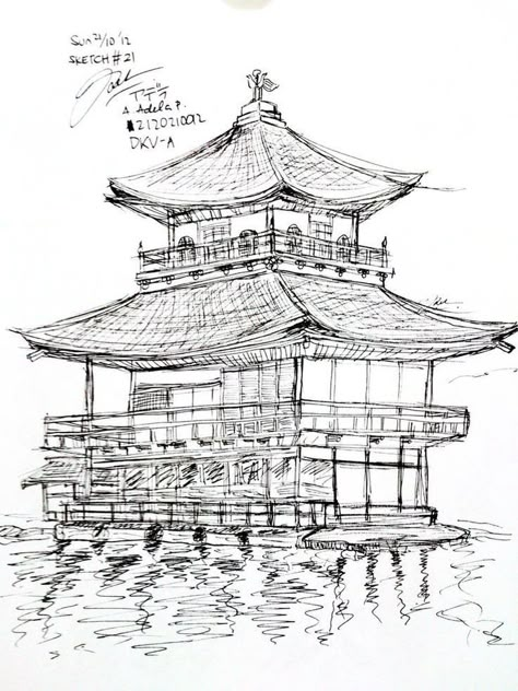 Chinese Building Drawing, Chinese Architecture Drawing, Japanese Architecture Drawings, Garden Temple, Deer Garden, Muromachi Period, Golden Pavilion, Architecture Drawing Sketchbooks, Japanese Garden Design