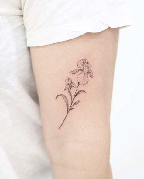 Poppy And Iris Flower Tattoo, Iris Flowers Drawing Tattoo Ideas, Tattoo Of Iris Flower, Tattoo Ideas Iris Flower, Blue Flag Iris Tattoo, Iris Minimalist Tattoo, Daffodil And Iris Tattoo, Iris And Poppy Tattoo, Iris And Daffodil Tattoo