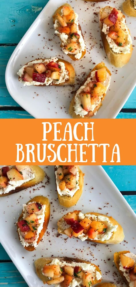 Peaches Goat Cheese, Peaches And Goat Cheese Appetizer, Peach Goat Cheese Crostini, Peach Bruchetta Appetizers, Peach Finger Foods, Peach Bruschetta With Goat Cheese, Peach Themed Food, Peach Food Ideas, Peach Party Food