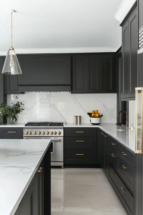 gray-and-white-kitchens Dark Grey Cabinets Kitchen, Charcoal Gray Kitchen Cabinets, White Kitchen Designs, Black And Grey Kitchen, Dark Grey Kitchen Cabinets, Dark Grey Kitchen, Gray And White Kitchen, White Kitchens, White Kitchen Design