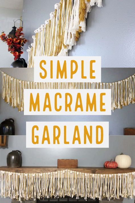 Make your own simple macrame garland using 2 knots. This garland is great for fall and you can change out the colored cord to customize for any season. Macrame Fall Garland, Macrame Bunting Diy, Macrame Garland Diy, Macrame Basics, Diy Halloween Garland, Macrame Projects Ideas, Macrame Bunting, Diy Wedding Garland, Macrame Banner