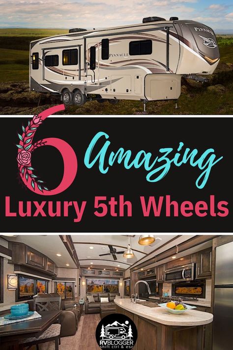 Camping and RV road trips don't have to spent "roughing it"! Trying glamping in style with these amazing fifth wheel RVs. Check out this review of 6 luxury 5th Wheels details interior layout photos, floorplan,  RV specs, and cost. Equipped with outdoor kitchens, and some with 2 bathrooms and 2 bedrooms, and plenty of storage. #rvblogger #5thwheel #fifthwheel #luxuryrv #luxury5thwheel #glamping #rvbedroom #rvbathroom #rvtypes #rvstyles #rvbunkhouse #rvbunkbeds #2bathroomrv 5th Wheel Living, 5th Wheel Travel Trailers, Luxury Rv Living, Luxury Fifth Wheel, Luxury Campers, 5th Wheel Camper, 5th Wheel Trailers, 5th Wheel Rv, Fifth Wheel Campers