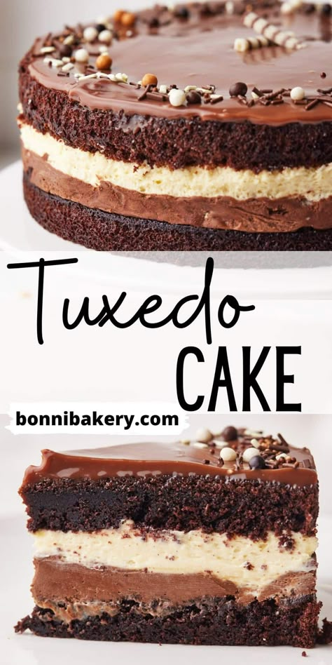 Tuxedo consists of layers of chocolate cake, dark chocolate mousse, white chocolate mousse, more chocolate cake and then chocolate ganache. It is every chocolate lover's dream dessert! A honmemade dupe on the costco cake (but much better!), Tuxedo cake is a showstopping dessert for dessert parties, birthdays, special occasions or holidays. #chocolatemousse #moussecake #desserts #dessertideas #showstopper #chocolatedesserts #triplechocolatemoussecake #costco #copycat #copycatrecipe #costcocopy Costco Cake, Triple Chocolate Mousse Cake, Tuxedo Cake, Mousse Cake Recipe, Slow Cooker Desserts, Chocolate Mousse Cake, Oreo Dessert, Chocolate Dessert Recipes, Kue Ulang Tahun