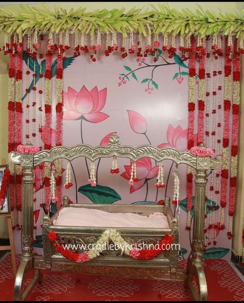 Barasala Decoration At Home, Cradle Ceremony Decorations, Cradle Decoration, Naming Ceremony Decoration, Art Competition Ideas, Wooden Cradle, Home Flower Decor, Cradle Ceremony, Ganpati Decoration Design