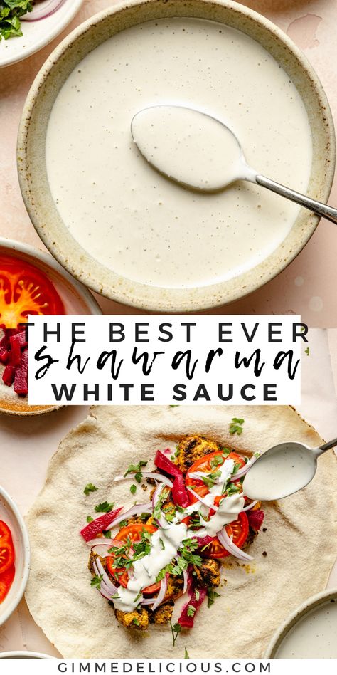 Shawarma White Sauce Yogurt Sauce For Chicken Shawarma, Greek Tahini Sauce, Shawarma Yogurt Sauce, Garlic Shawarma Sauce, Shwarma Chicken Pitas, Mediterranean Greek Yogurt Sauce, Tahini Sauce For Shawarma, Easy Garlic Sauce For Shawarma, Schwarma Chicken Garlic Sauce