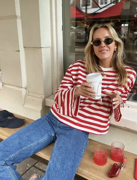 Striped Red And White Shirt Outfit, Buckle Inspired Outfits, Red And White Striped Top Outfit, Outfits With Red Top, Pops Of Red Outfit, Red Lipstick Outfit Casual, Maroon Outfit Ideas, Red Outfits Aesthetic, Christmas Shopping Outfit