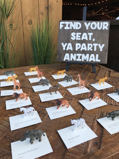 Party Animal Place Cards Wedding, Party Animal Wedding Seating, Find Your Party Animal Place Card, Zoo Wedding Centerpieces, Safari Dinner Party, Animal Seating Chart, Zoo Wedding Ideas, Animal Table Numbers, Animal Place Cards