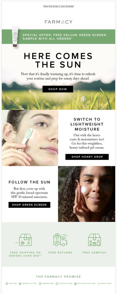 Farmacy spring eblast. Spring Ready. Free Green Screen Sample! Skin Care Email Design, Polaroid Prints, Free Green Screen, Email Marketing Design, Spring Equinox, Spring Beauty, Mail Marketing, Web Layout Design, Web Layout