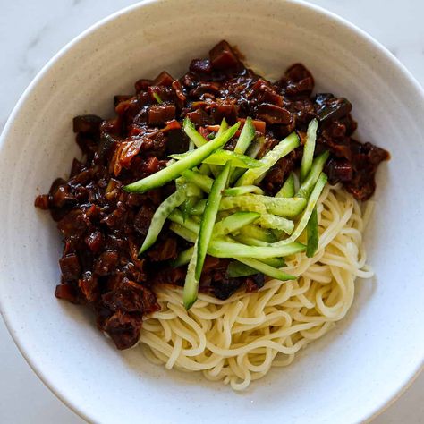 The BEST Vegan Jjajangmyeon | Chef Atulya Jjajangmyeon Aesthetic, Vegan Jjajangmyeon, 2023 Birthday, Black Bean Noodles, Bean Noodles, Spicy Noodle, Noodle Recipes Easy, Impossible Burger, Spicy Noodles