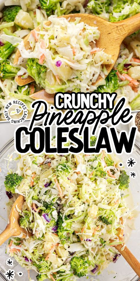 This easy pineapple coleslaw is sweet, crunchy, and full of so much flavor. With a perfect balance of textures and flavors from the crisp cabbage, juicy pineapple, and tangy dressing, this dish is sure to be a hit at your next potluck or barbecue. Different Types Of Coleslaw, Coleslaw With Pineapple Recipes, Pineapple Coleslaw Recipe Easy, Cole Slaw With Pineapple, Pineapple Slaw Recipes, Apricot Pineapple Jam, Pineapple Coleslaw Recipe, Hawaiian Coleslaw, Retreat Recipes