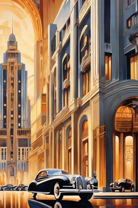 Art Deco Cityscape. Check more: https://paintlyx.com/art-deco-cityscape/ Art Deco Fantasy City, Art Deco Landscape, Neo Art Deco, Art Deco Ads, Art Deco City, 80s Art Deco, Art Deco Drawing, 1920 Art Deco, Art Deco Ideas