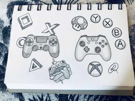 Nintendo Drawings Easy, Game Drawing Sketches, Xbox Drawing Art, X Box Controller Drawing, Control Xbox Dibujo, Video Game Sketches, Xbox Tattoo Ideas, Gaming Drawings Ideas, Ps4 Controller Drawing