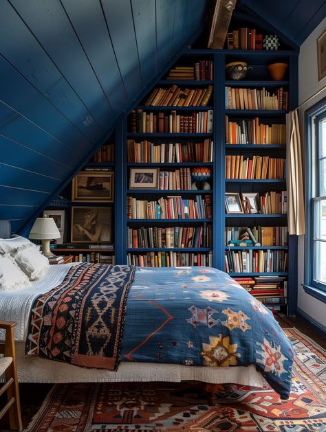 Navy Attic Bedroom, Paint Inspiration Home, Colored Walls Ideas, Paint Home Interior Ideas, Blue Attic Bedroom, Blue Colour Bedroom, Attic Bedroom Paint, Blue Bedroom Paint Colors, House Interior Blue