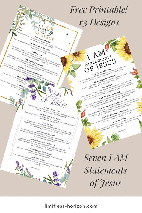 Knowing who Jesus is helps us to understand who we are! Grab this free printable of the seven I AM statements of Jesus - explaining in His own words His ministry and purpose... 7 I Am Statements Of Jesus, Jesus I Am Statements, I Am Statements Of Jesus, Jesus Printable, The Gospel Of John, Miracles Of Jesus, John 8 12, Gospel Of John, Women's Retreat