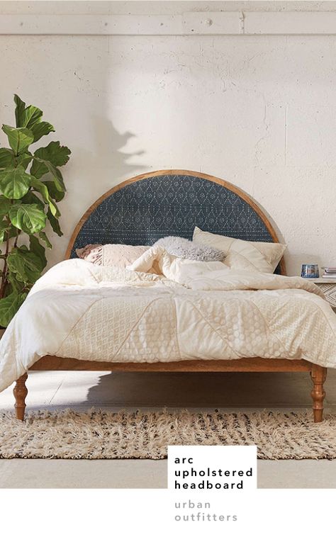 I’ve only had two real beds in my life, a cherrywood sleigh daybed and a curved iron headboard that I’ve had since... Beds Without Headboards Ideas, Minimal Office Decor, Cheap Headboard, Bohemian Headboard, Cheap Bed, Bed Without Headboard, Creative Headboard, Boho Headboard, Repurposed Fabric