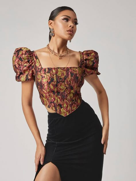 Free Returns ✓ Free Shipping On Orders $49+ ✓. SHEIN Puff Sleeve Hanky Hem Floral Jacquard Top- Women Blouses at SHEIN. Scandinavian Clothes, Blouse Corset, Corsets Tops, Corset Top Outfit, Godet Dress, Corset Outfits, Indian Women Fashion, India Clothes, Corset Blouse