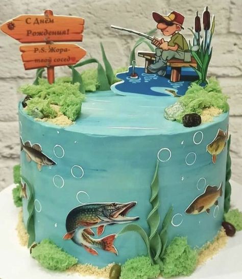 Fishing Theme Cake, Fisherman Cake, Fish Cake Birthday, Drum Cake, Ocean Cakes, Beautiful Cake Designs, Creative Cake Decorating, Creative Birthday Cakes, Fish Cake