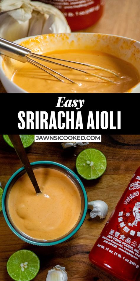 This simple and delicious Sriracha Aioli comes together in just a few minutes, with simple ingredients you probably already have on hand! Use this Sriracha aioli recipe to add a great tang and zip to sandwiches, tacos, fries and more! Banh Mi Bowl, Pork Banh Mi, Noodles Spicy, Lime Aioli, Vietnamese Foods, Sriracha Aioli, Spicy Dipping Sauce, Aioli Recipe, Drink Inspiration