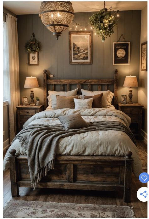 Home Decor Ideas Bedroom Farmhouse, Cottagecore Aesthetic House Interior Bedroom, Vintage House Bedroom, Cabin Vibes Bedroom, Bedroom Decor With Grey Walls, Cozy Home Aesthetic Bedroom, Cabin Bedding Ideas, Farmhouse Room Bedrooms, Small Rustic Bedroom Ideas