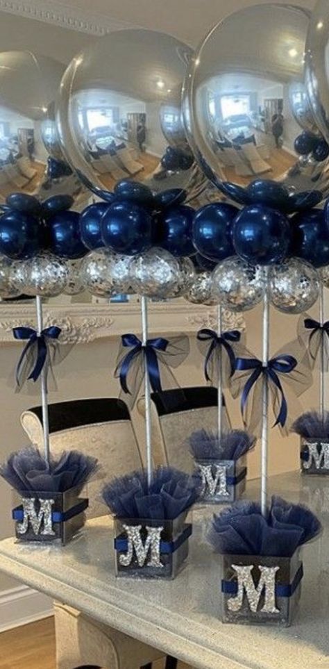 Navy Blue And Silver Sweet 16 Decorations, Blue Black Silver Party Decorations, Sweet 16 Party Ideas Dark Blue, Blue Centerpieces For Party Men, Blue Graduation Party Ideas, Blue Centerpieces For Party, Navy Blue Birthday Party Decorations, Blue Graduation Party, Graduation Party Pictures