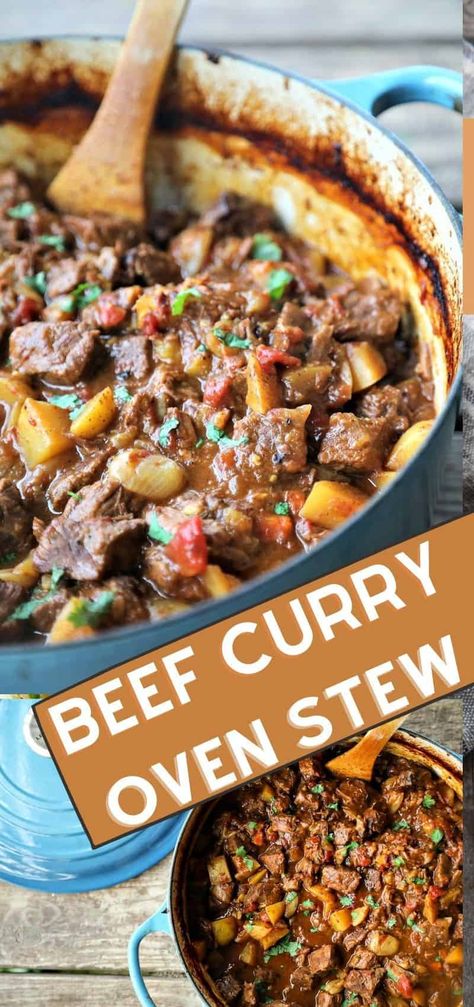 Stew Meat Dutch Oven Recipes, Beef Potato Curry, Dutch Oven Curry, Indian Beef Stew, Oven Baked Stew, Curried Beef Stew, Beef Cubes Recipe, Curry Beef Stew, Crabby Snacks