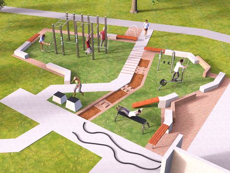 Accessible Fitness Parks 101: Outdoor fitness for councils | UrbanFiT Outdoor Gym Design, Playground Floor Plan, Playground Flooring Outdoor, Community Park Design, Gym Architecture, Urban Fitness, Playgrounds Architecture, Outdoor Gym Equipment, Fitness Park