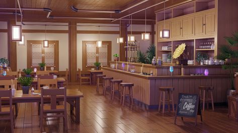 ArtStation - Coffee Shop, Vincent Lau Anime Backgrounds Cafe, Coffee Shop Background, Anime Coffee, Shop Background, Cute Coffee Shop, Episode Backgrounds, Cafe Art, Image 3d, Landscape Background