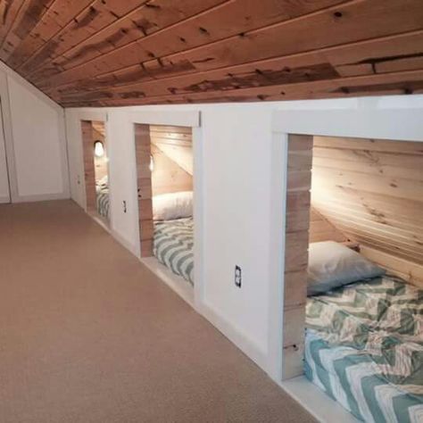 A friend's rennovated loft into a bunk room. Very cool! Small Attic Room, Minwax Stain Colors, Attic Bedroom Designs, Small Attic, Bar Basement, Minwax Stain, Wainscoting Panels, Attic Bedrooms, Attic Renovation