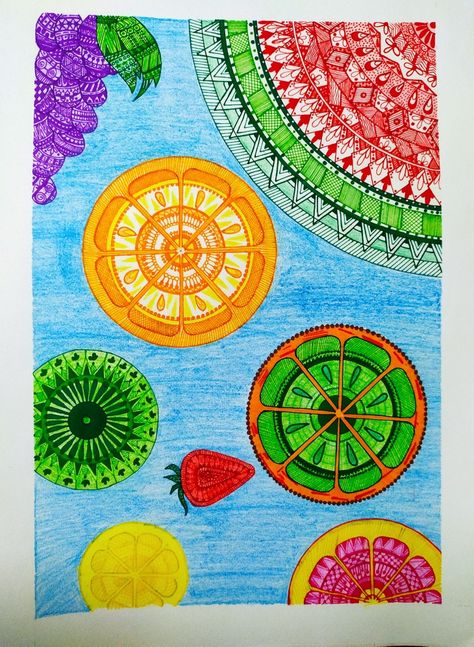 Fruit Mandala, Mandela Art, Mandala Canvas, Diary Decoration, Doodle Art Designs, Mandala Drawing, Mandala Art, Doodle Art, Art Designs