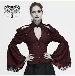 Gothic Women's Red Patchwork Pointed Collar Button up Top Gothic Blouse, Vampire Gothic, Steampunk Couture, Gothic Tops, Shirt With Lace, Modern Tops, Everyday Clothing, Trumpet Sleeve, Woman Wine