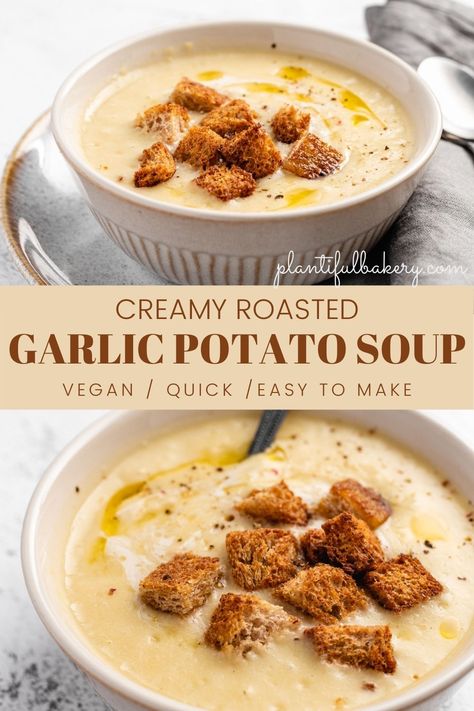 Thick Vegetarian Soup, Soup Recipes Filling, Cream Of Garlic Soup Recipe, Roasted Garlic Noodle Soup, Creamy Garlic Potato Soup, Garlic Potato Soup Recipe, Onion And Garlic Soup, Winter Soups Vegan, Potato Broth Soup