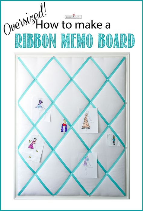 How to make a ribbon memo board with step-by-step instructions and measurements.  This one is 4' x 5'! Picture Board Bedroom, Diy Ribbon Board, Diy Ribbon Bulletin Board, Ribbon Photo Board, Diy Paper Roll Memo Board, Diy Linen Bulletin Board, Memo Board Diy, Ribbon Bulletin Board, French Bulletin Boards