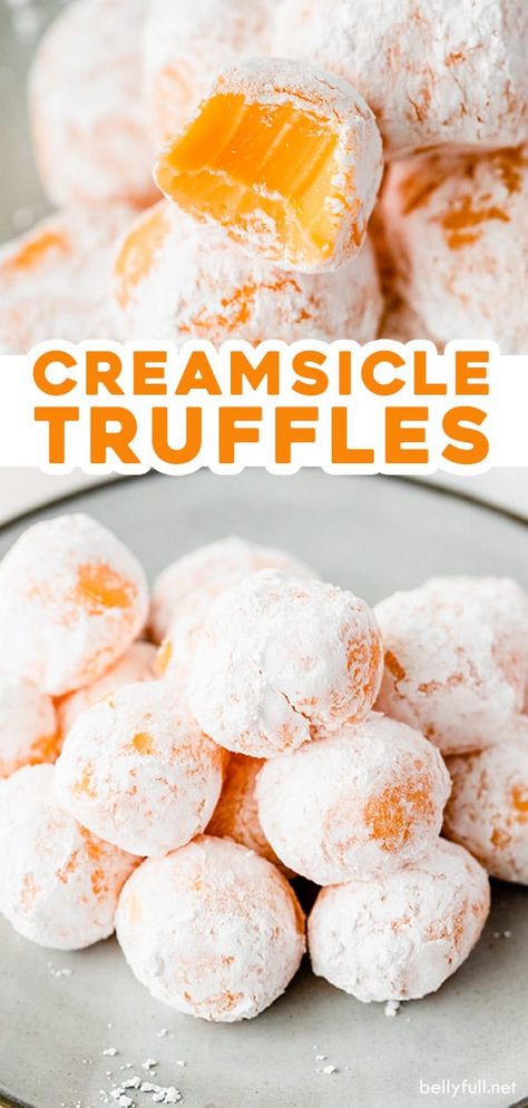 These Creamsicle Truffles are like your childhood favorite summer popsicle. Made of silky white chocolate, butter, cream, and orange flavoring, you won't be able to resist these little no bake dessert treats. They practically melt in your mouth. Drop one in your morning coffee!! YUM. Orange Truffles Recipe, Orange Creamsicle Truffles, Creamsicle Truffles, Homemade Truffles, Dessert Truffles, Truffle Recipes, Orange Baking, Orange Food Coloring, Fudge Candy